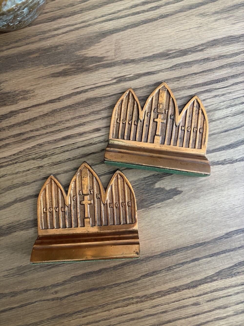 Vintage Midcentury 1960s Copper Tone Bookends Cross Faith Love Hope